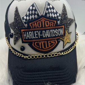 Harley-Davidson Trucker Hat Black and White Cap with Gold Accents